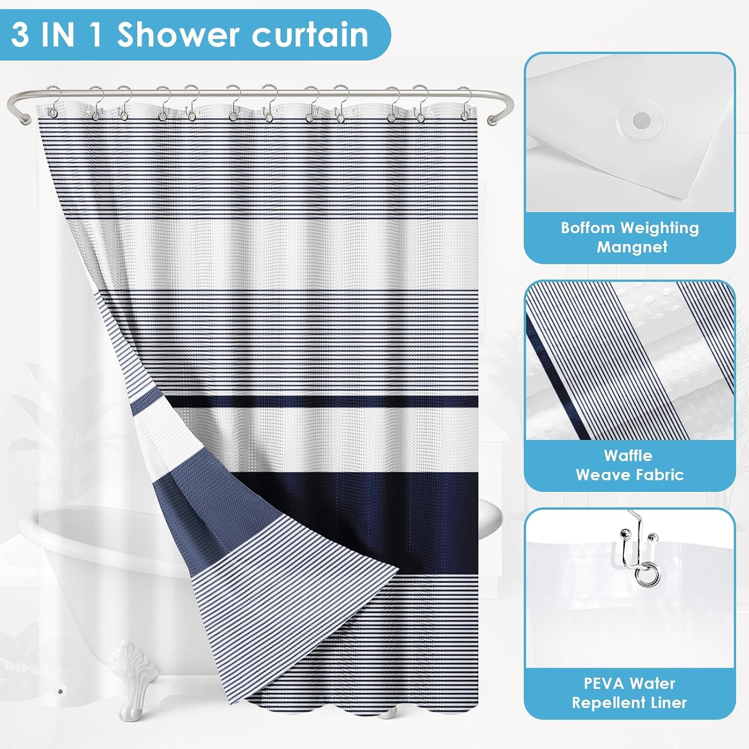 Navy Striped Shower Curtain Set
