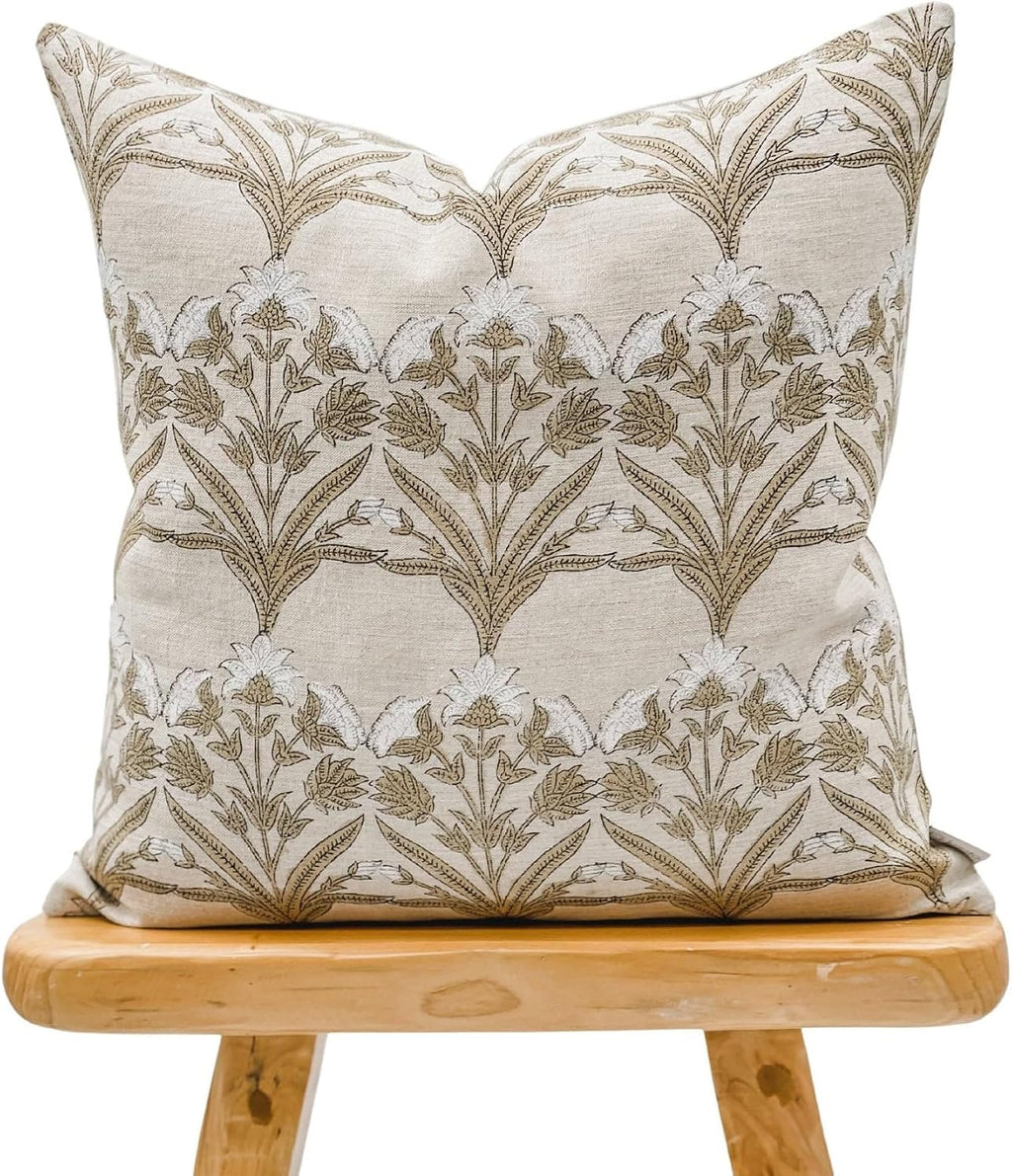 Tan Floral Linen Pillow Cover