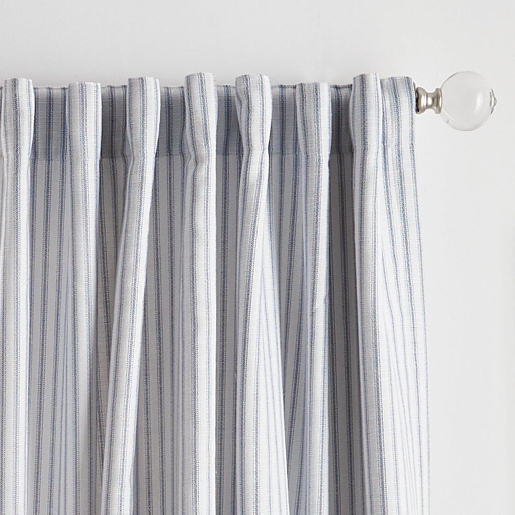 White Indigo Ticking Stripe Blackout Curtains 84 Inch