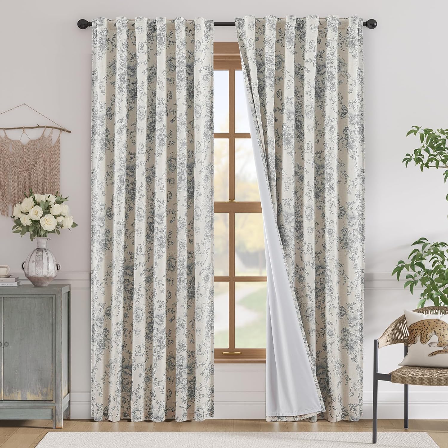 Grey Floral Linen Blend Blackout Curtains 84 Inch