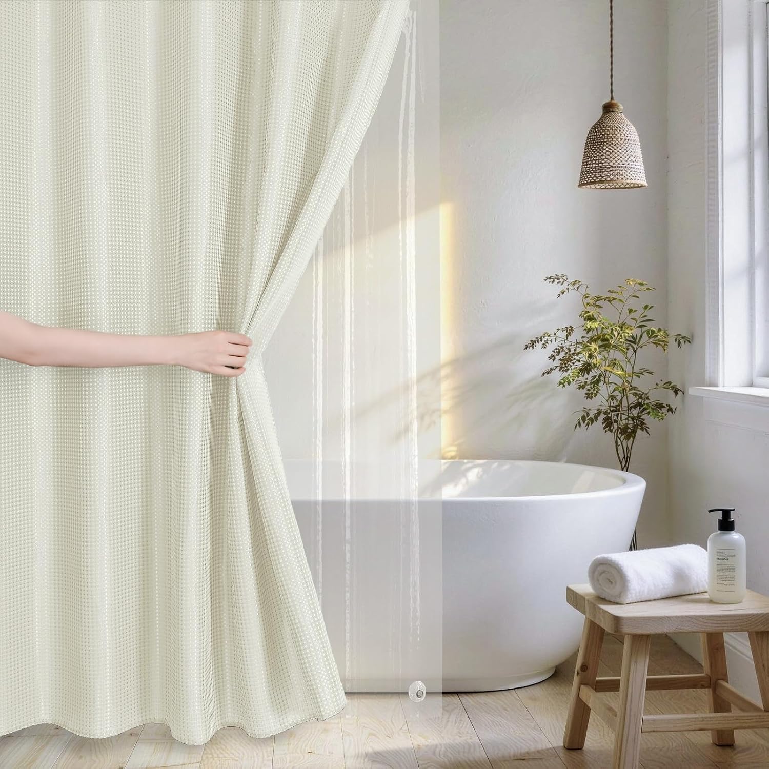 Ivory Waffle Shower Curtain Set