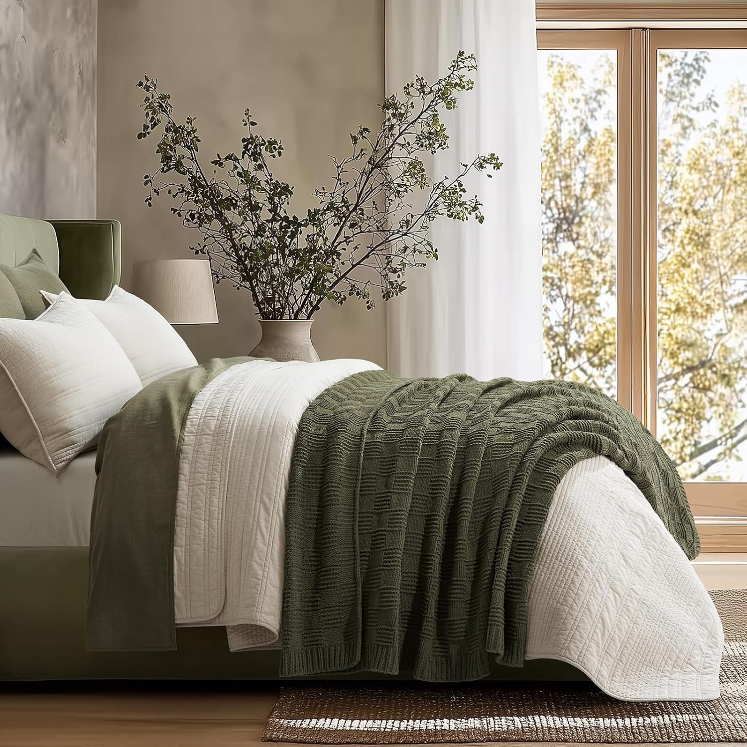 Olive Green Checkered Chenille Throw Blanket