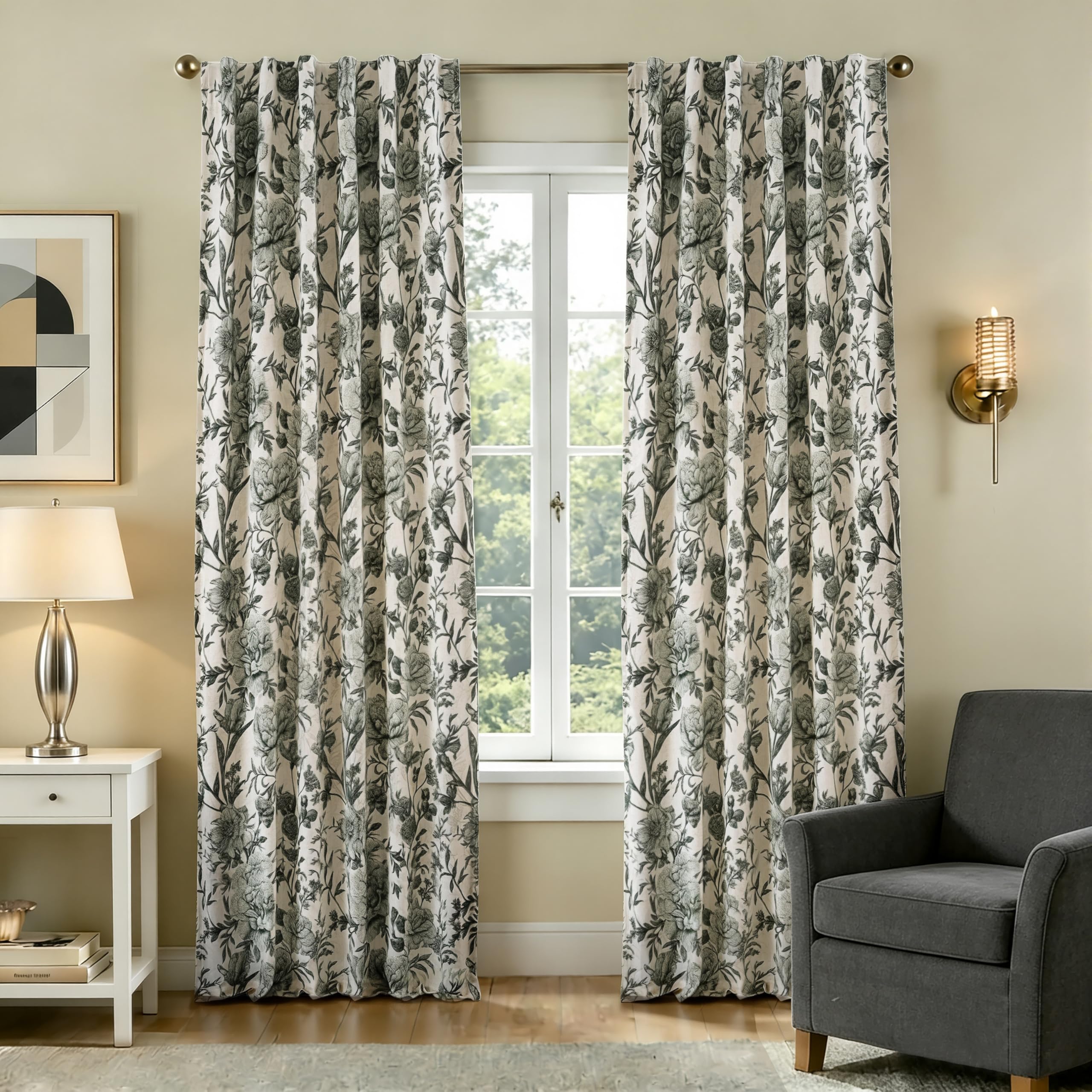 Black Cream Floral Linen Blackout Curtains