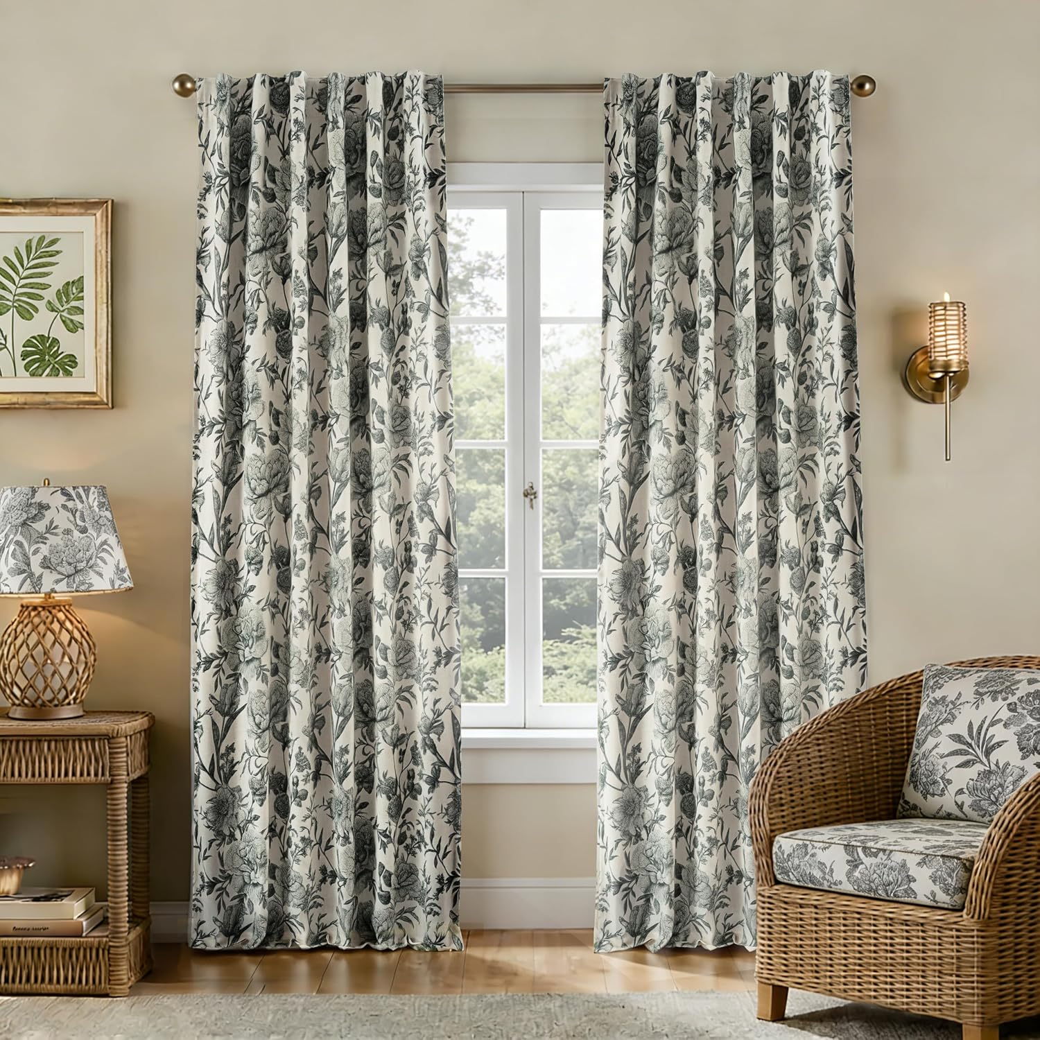 Black Cream Floral Linen Blackout Curtains