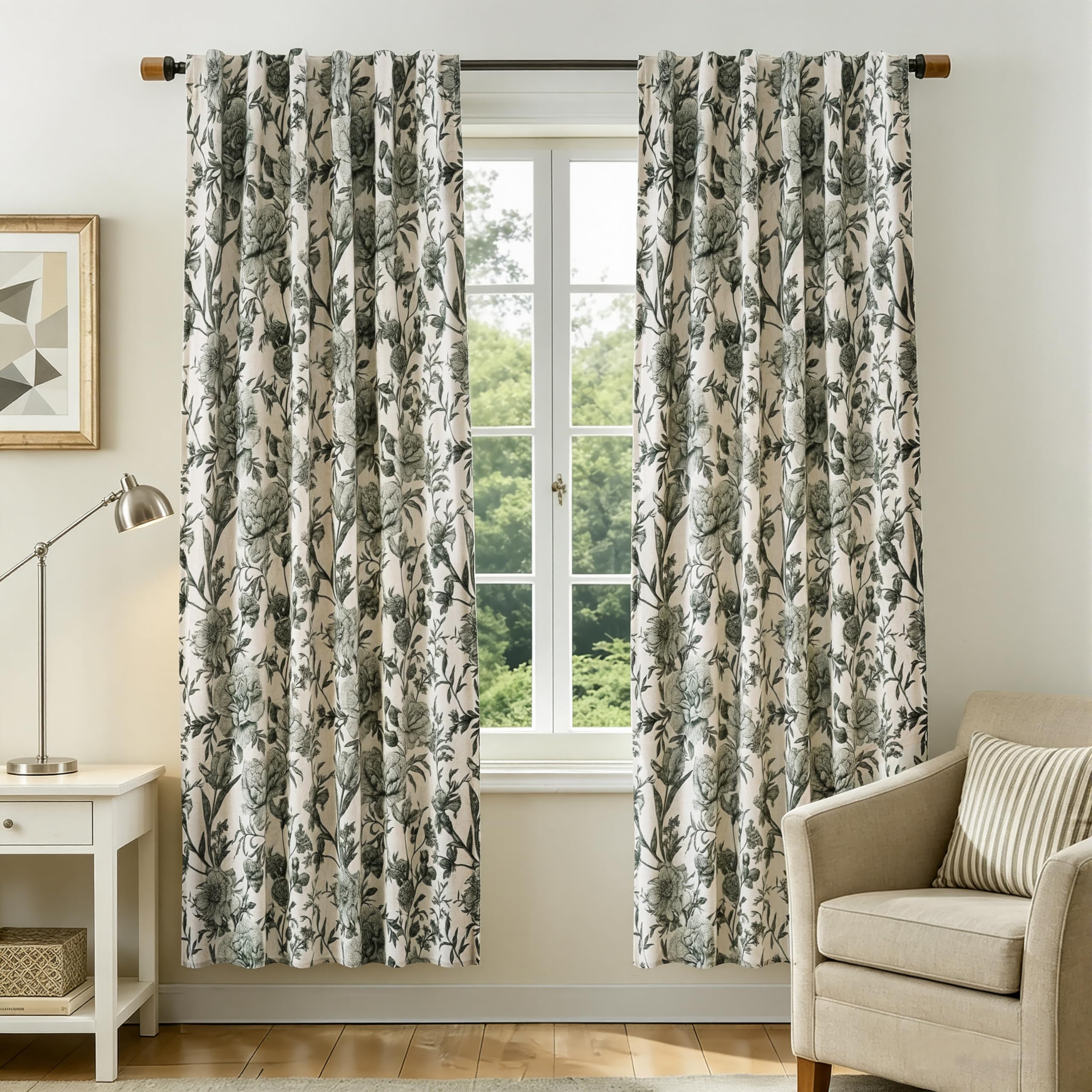Black Cream Floral Linen Blackout Curtains