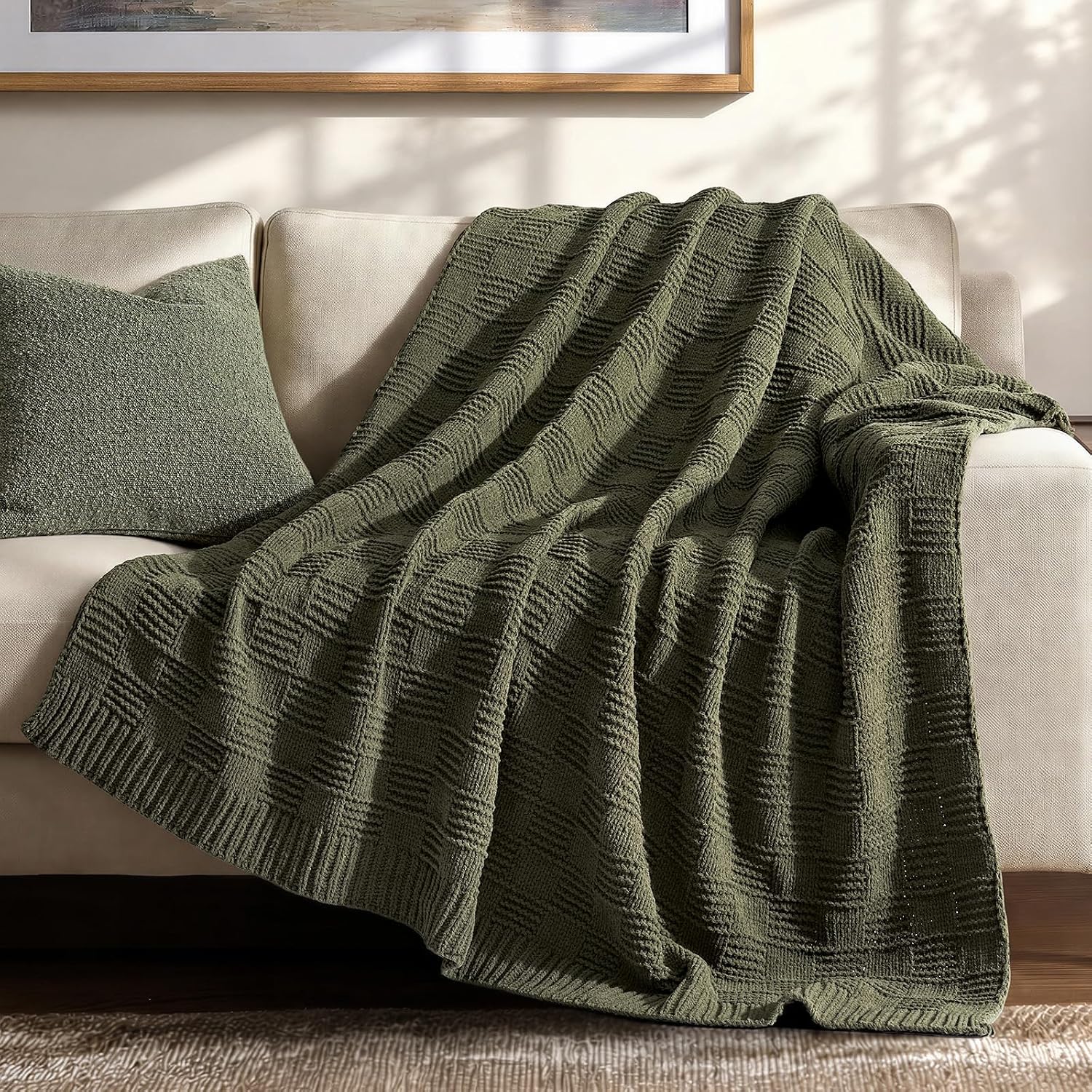 Olive Green Checkered Chenille Throw Blanket