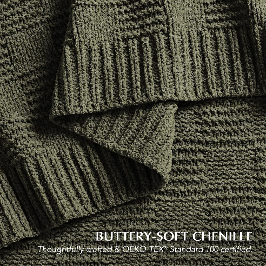 Olive Green Checkered Chenille Throw Blanket