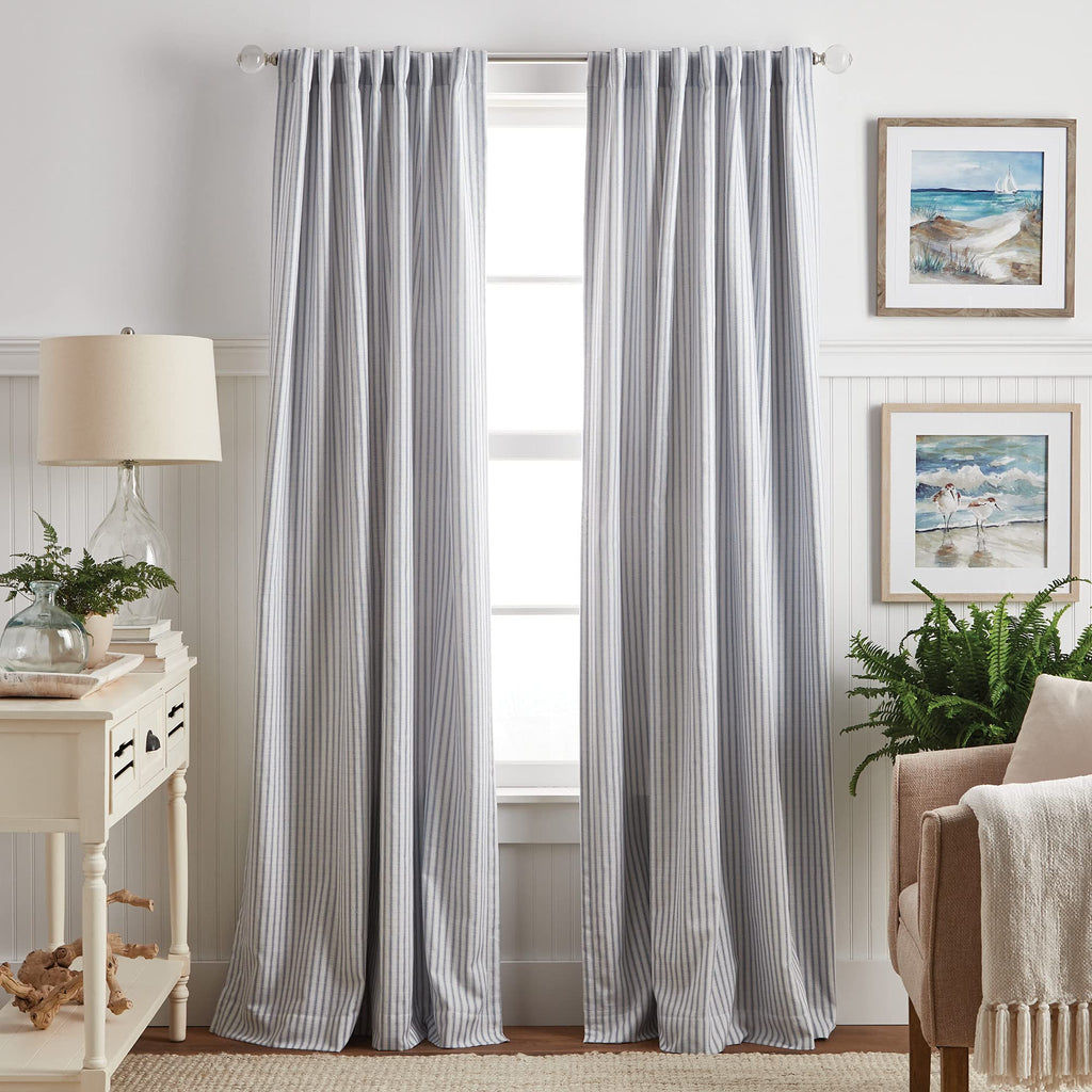 White Indigo Ticking Stripe Blackout Curtains 84 Inch
