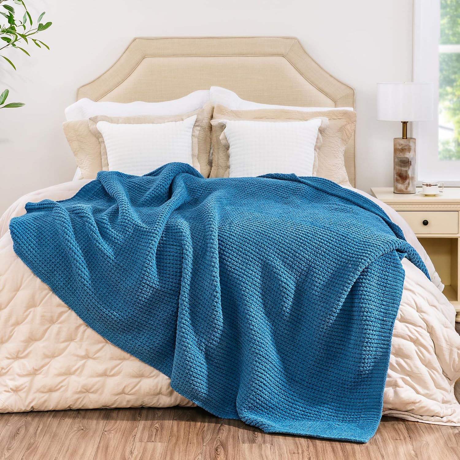 Blue Chunky Waffle Knit Throw Blanket