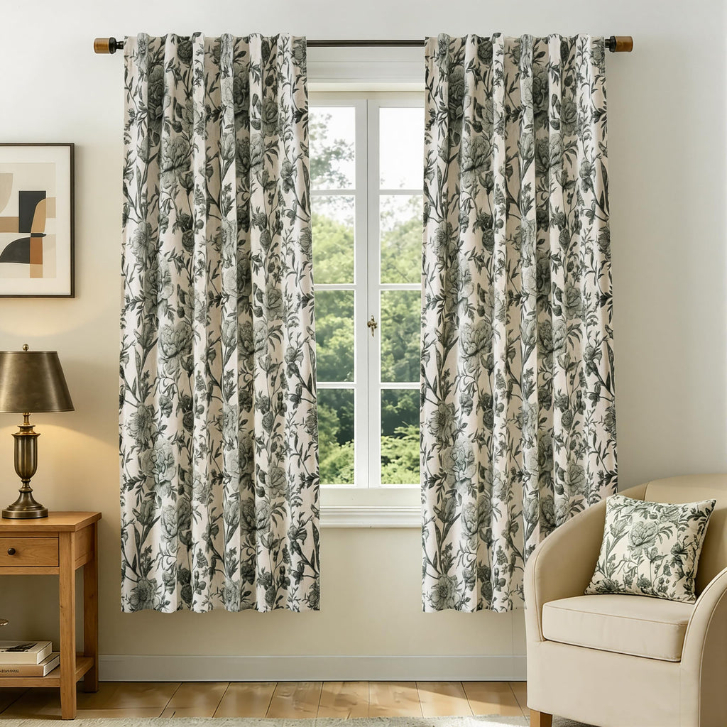 Black Cream Floral Linen Blackout Curtains
