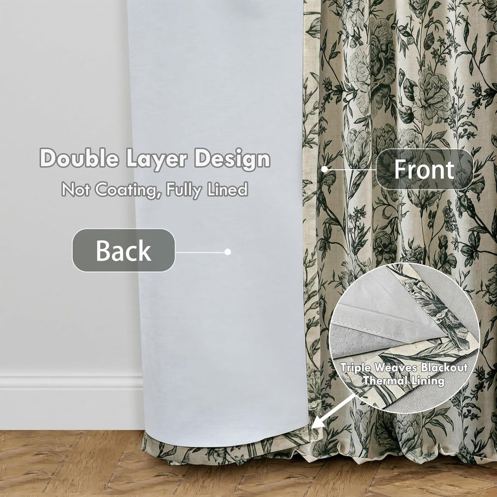 Black Cream Floral Linen Blackout Curtains