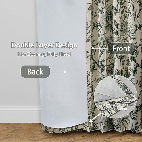 Black Cream Floral Linen Blackout Curtains