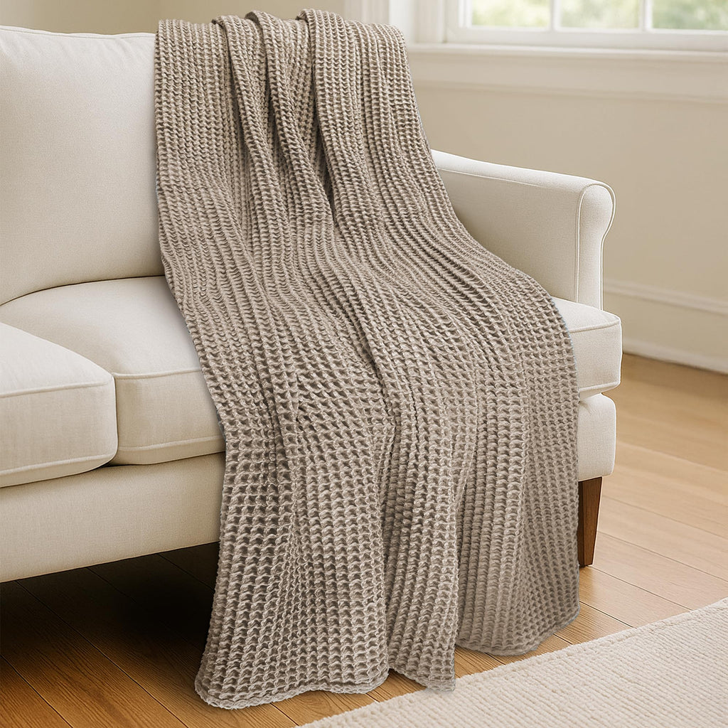 Taupe Cotton Waffle Throw Blanket