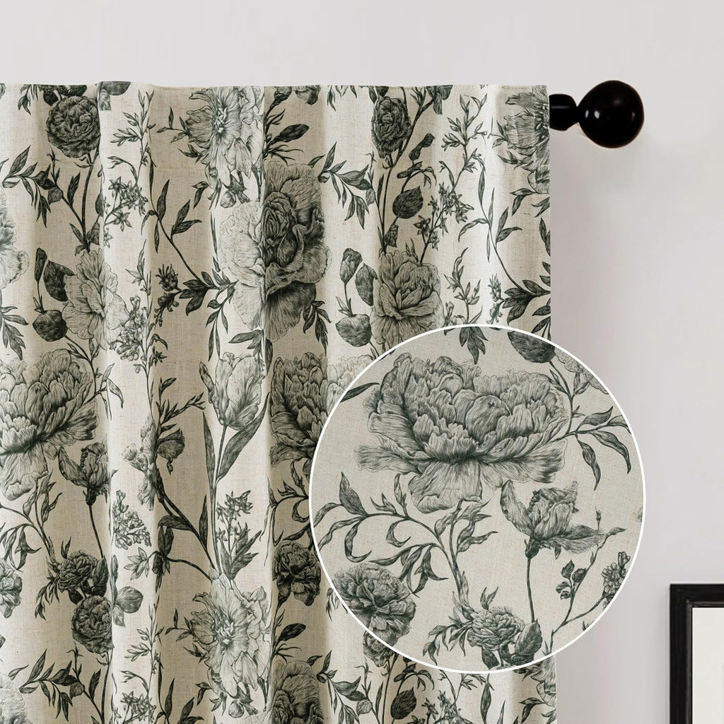 Black Cream Floral Linen Blackout Curtains
